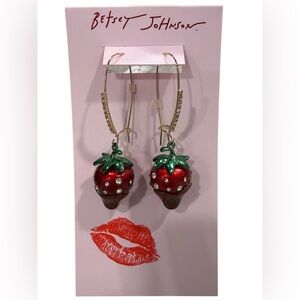 Betsey Johnson Gold Strawberry Drop Earrings with Red and Green Enamel